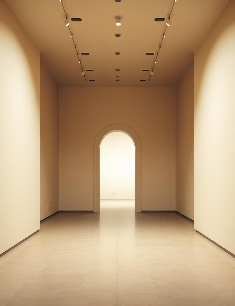 A quiet gallery interior with an arched doorway