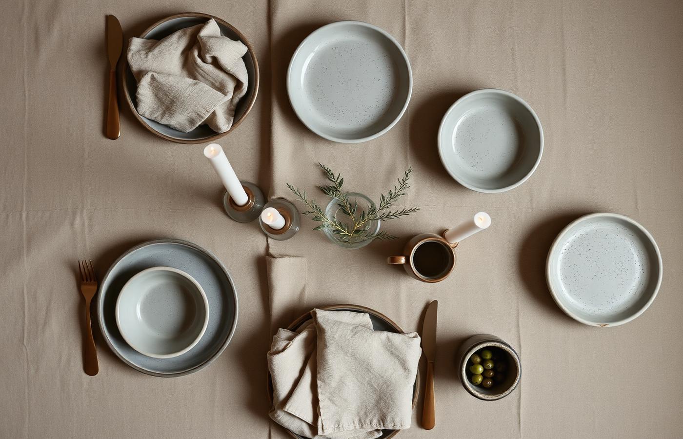 Overhead tablescape of stone plates, linen and taper candles